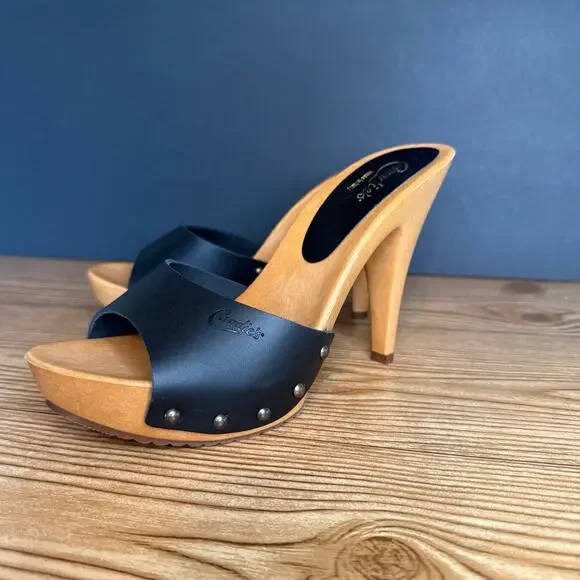 Retro Candies Black Leather Wood Platform Heeled Mule Sandals Womens  Pinup 70s